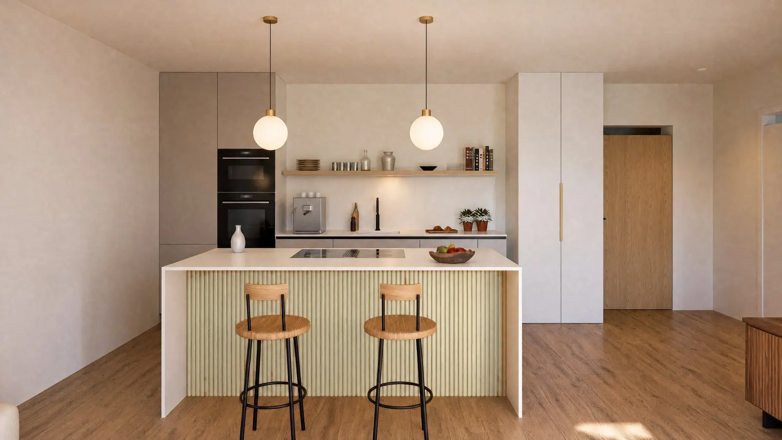 Visualisierung: Küche mit Insel, Musterwohnung, Möblierung beispielhaft