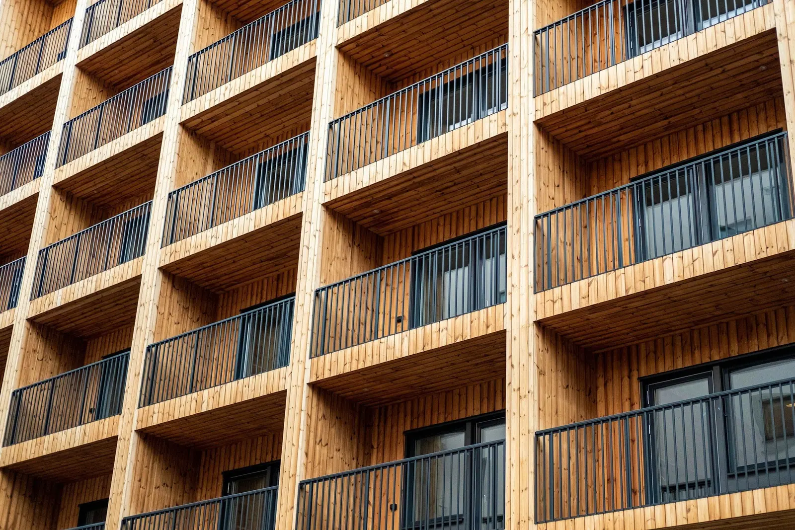 Holzfassade mit Balkonraster
