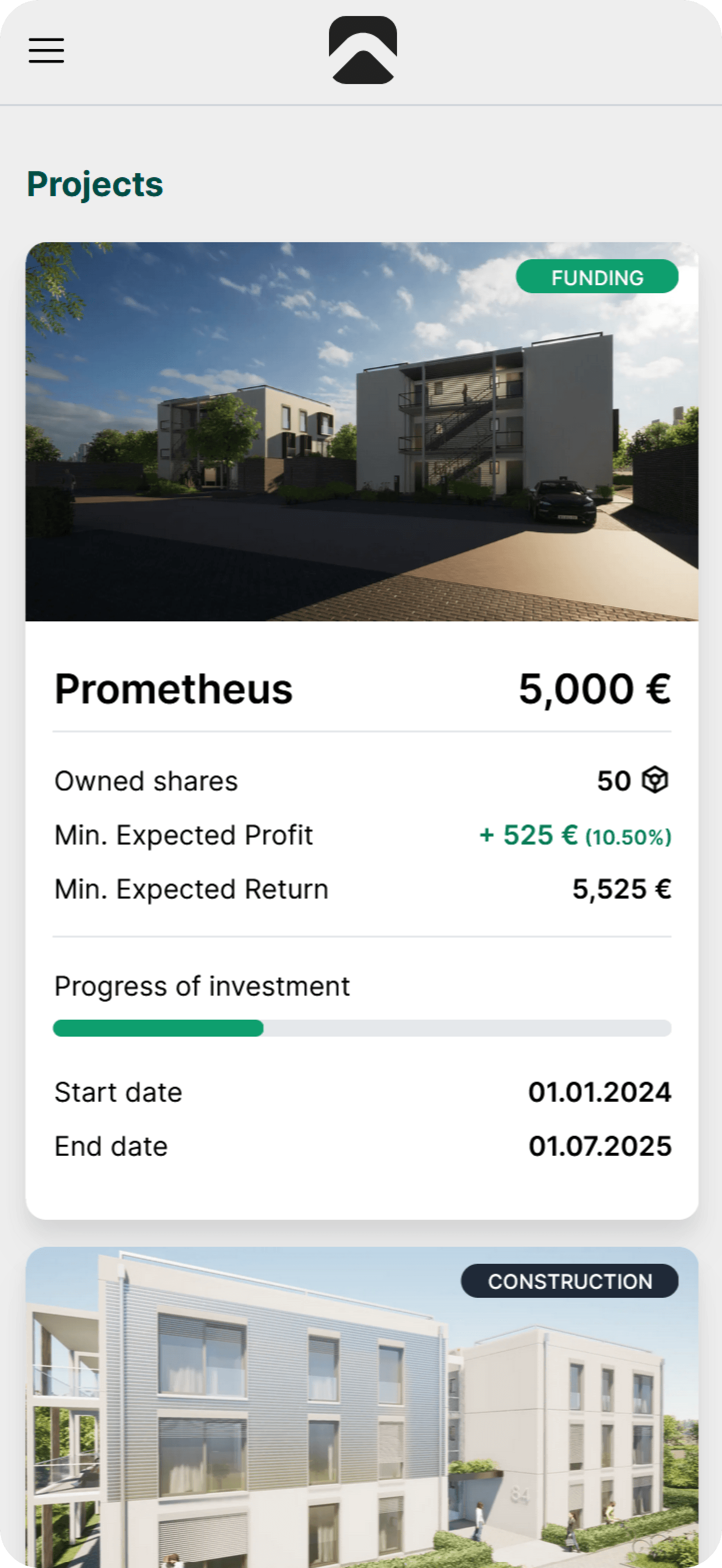 Ein Screenshot der arcneo-app, auf dem Sie ein Beispiel sehen können, wie in eines der Projekte investiert wird