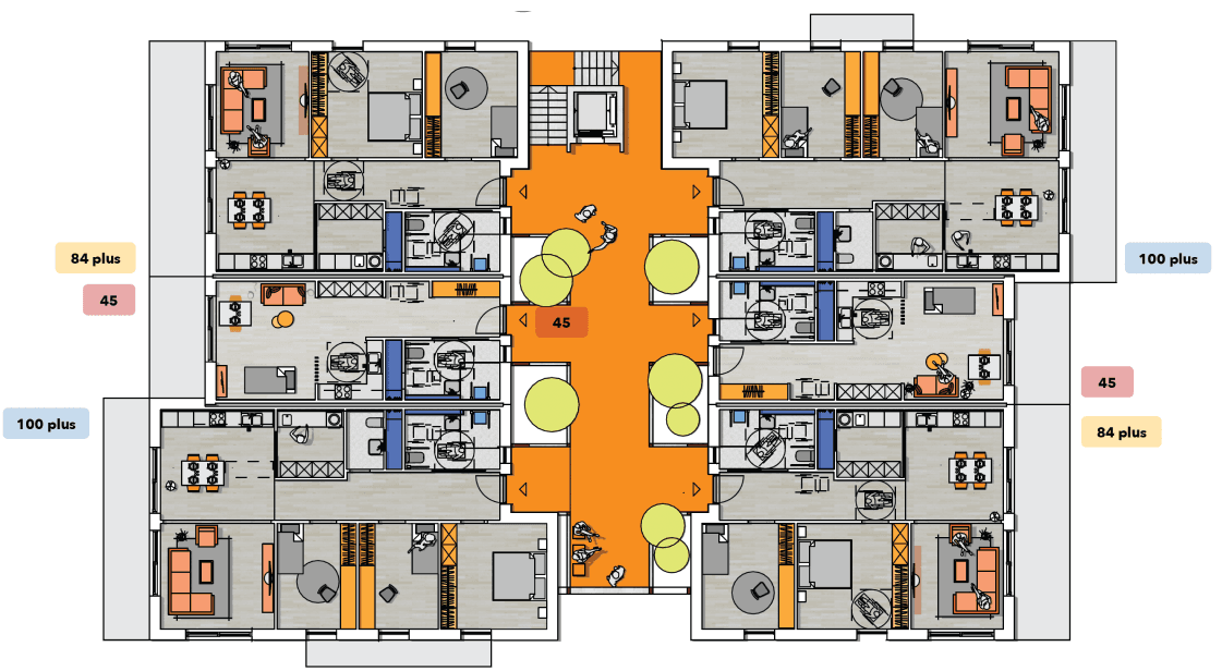 A bigger, zoomed in version of the Layouts of the multi-family house project. This is a example of how the houses could be structured on a fitting parcel of land.