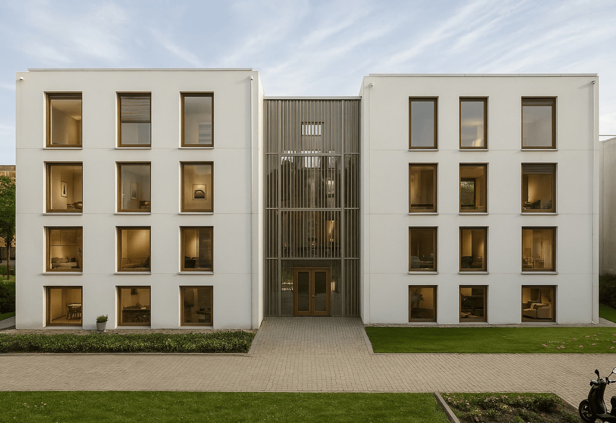 Rendering von einem Standard arcneo Mehrfamilienhaus in weiß. Die Ansicht ist von vorne direkt auf das Haus und es ist viel grüne Bepflanzung zu sehen.