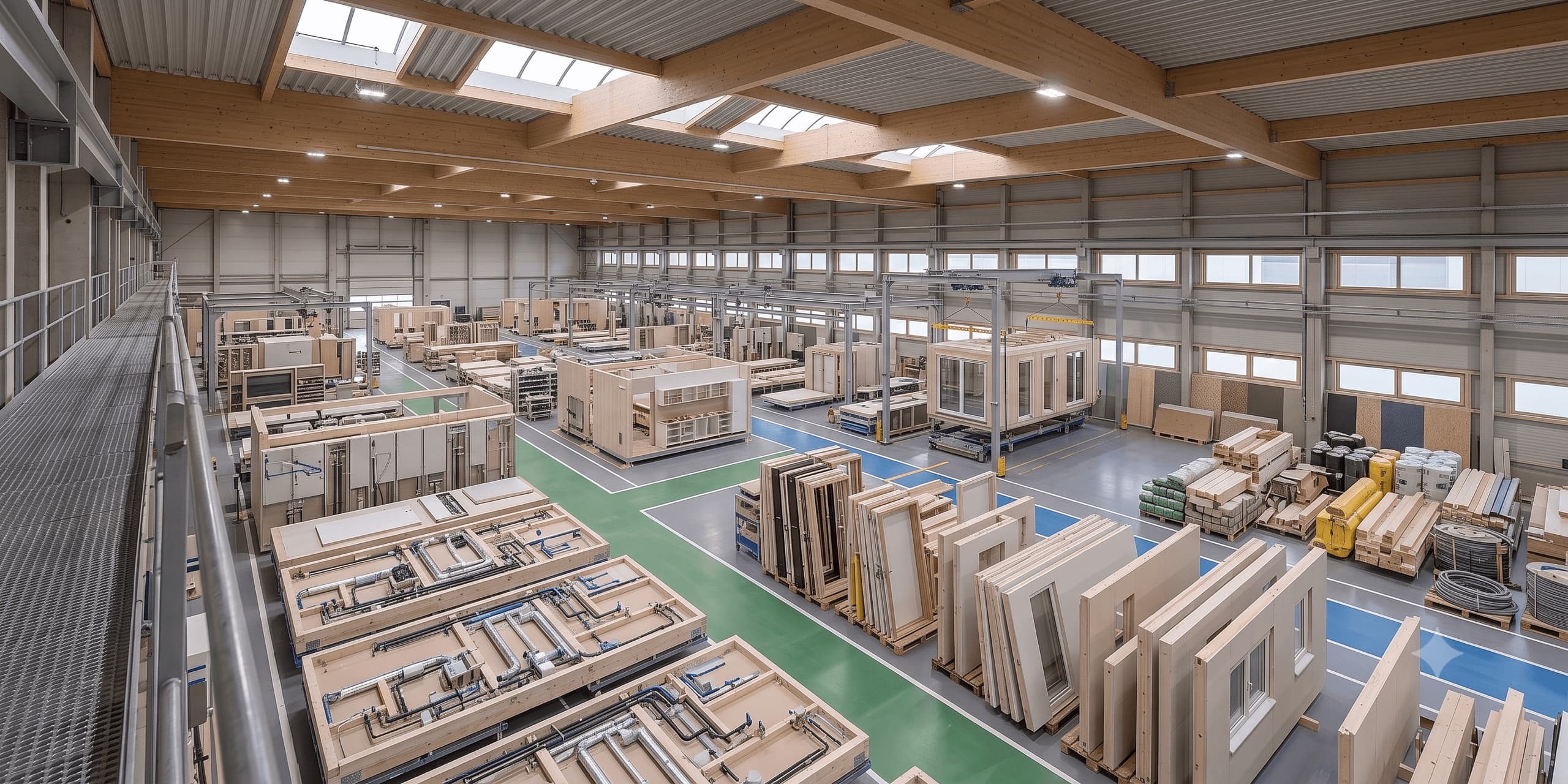 Eine Fabrikhalle in der die modularen Elemente des Mehrfamilienhauses vorgefertigt werden.