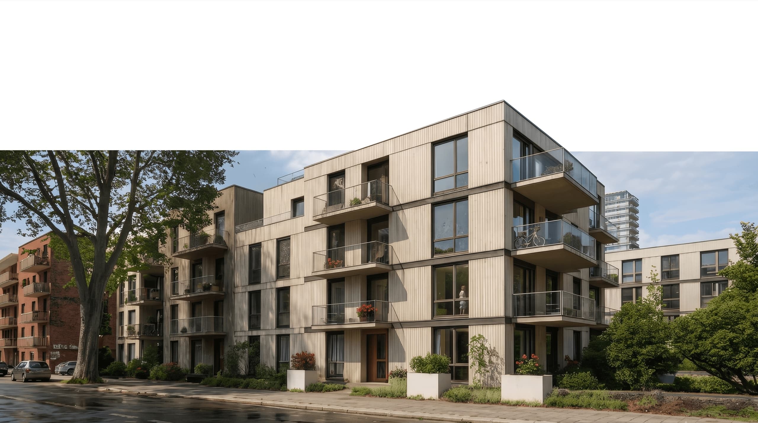 Four-story arcneo multi-family house with a light timber facade, close-up shot from below.