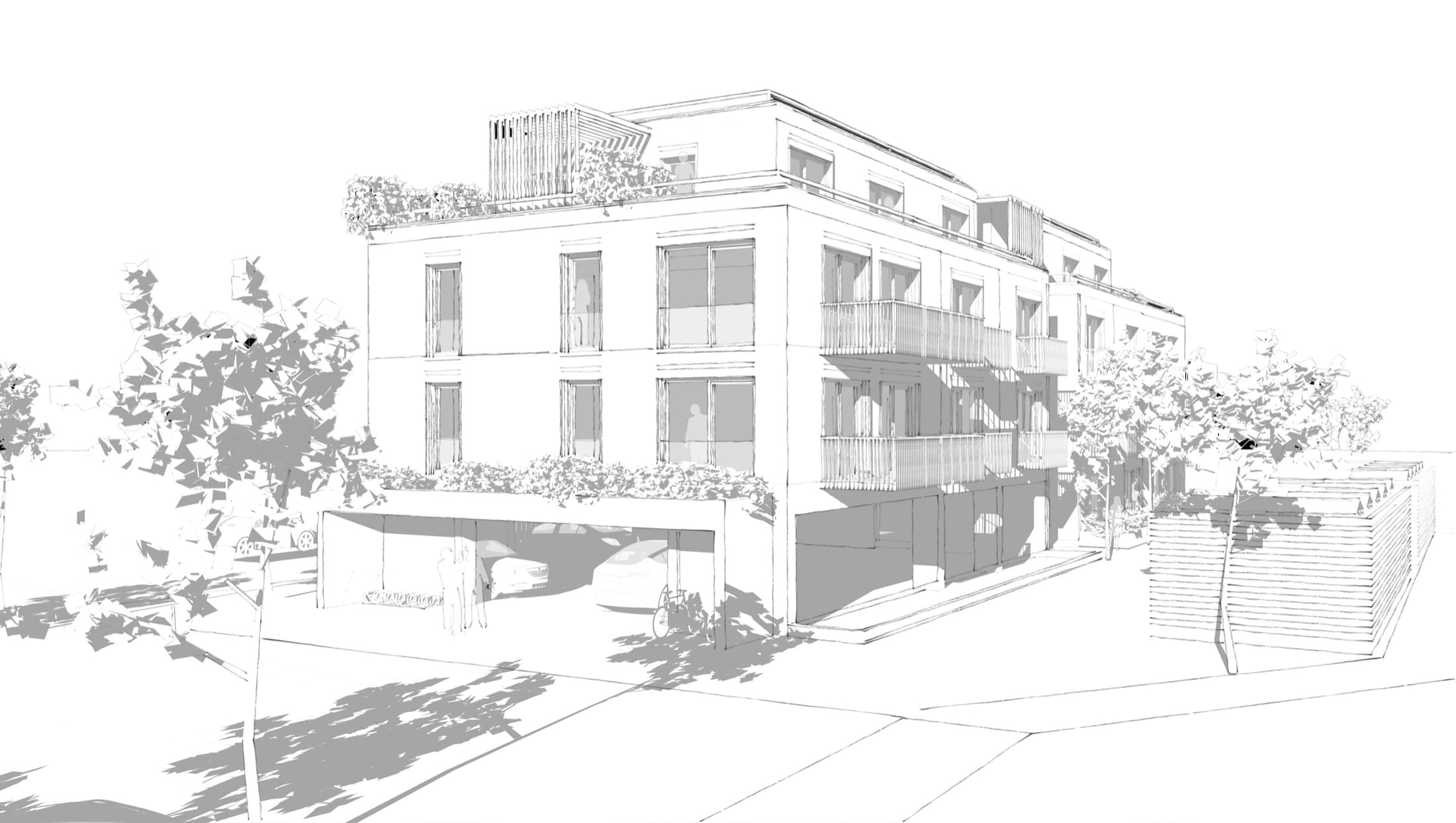 Black-and-white sketch of an arcneo multi-family house. The first floor is converted into parking spaces.