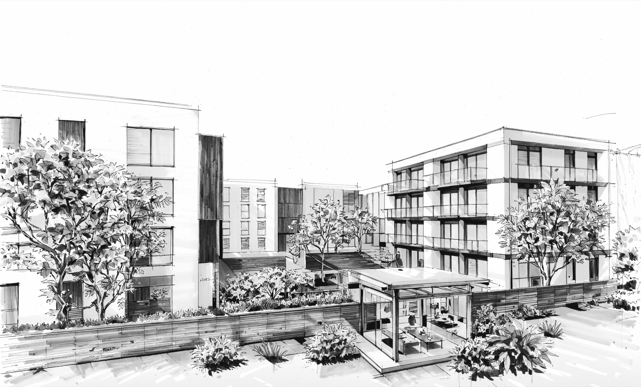 A black-and-white sketch of an arcneo residential development. Two four-story multi-family houses and a beautiful shared garden.