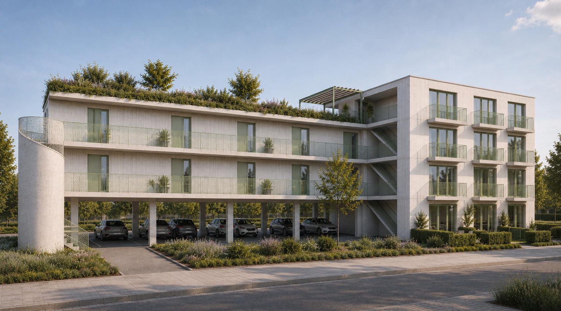 Visualisierung: Wohnhaus mit Carport im Erdgeschoss und Dachgarten